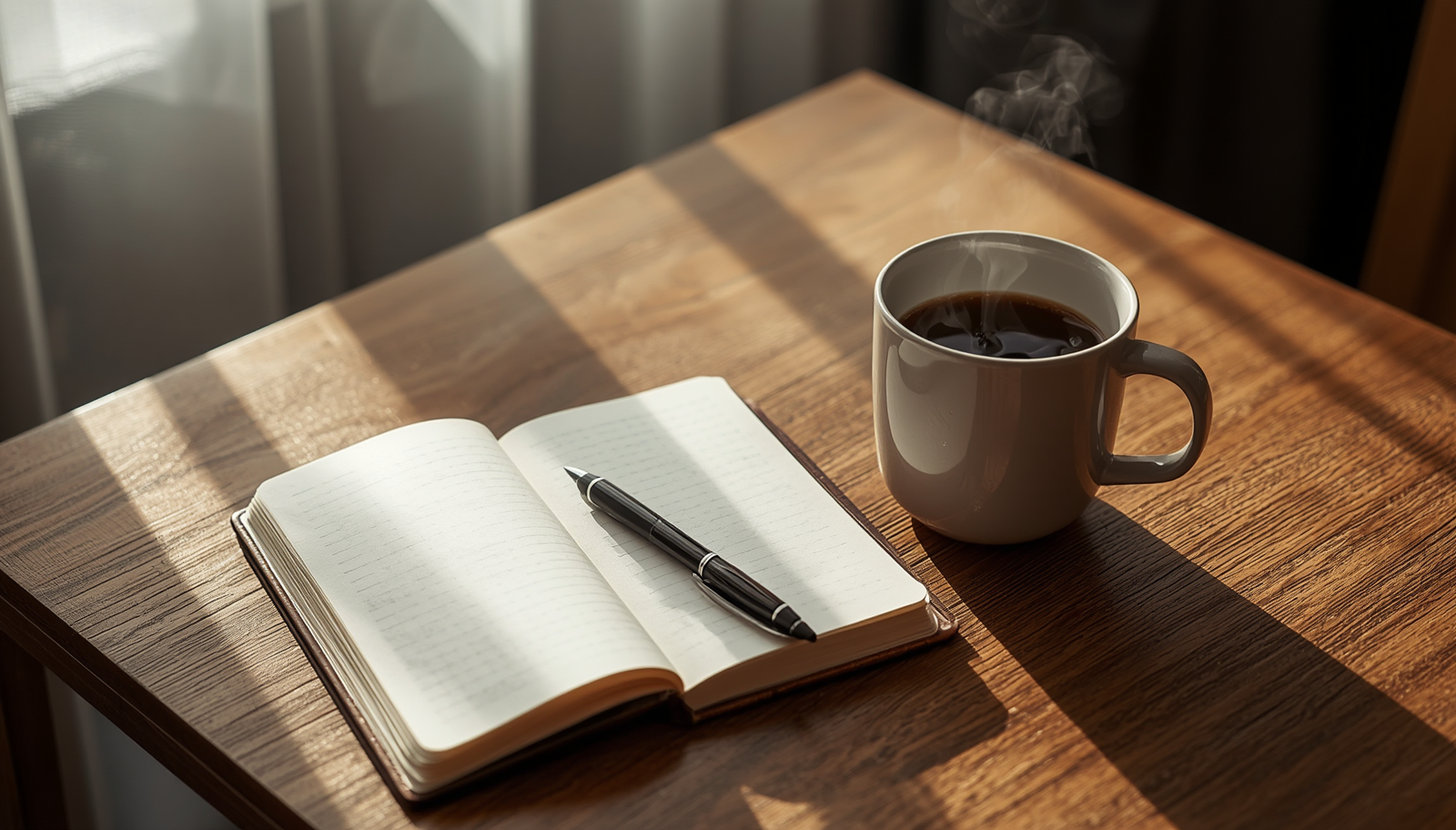 Open journal and a cup of coffee on a wooden table.