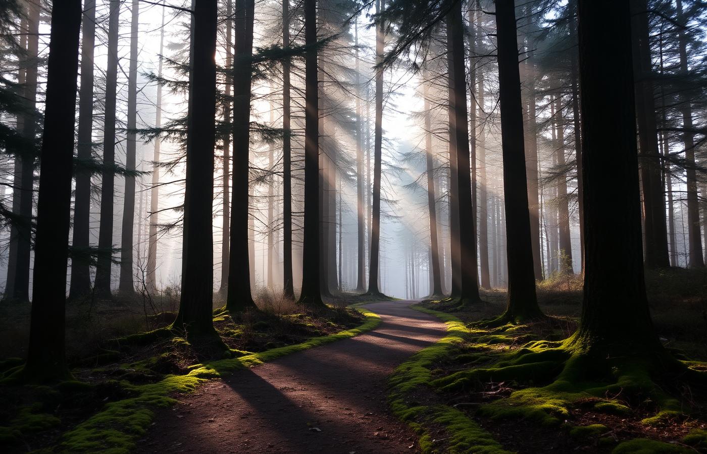 Sunlight filtering through a quiet forest path.